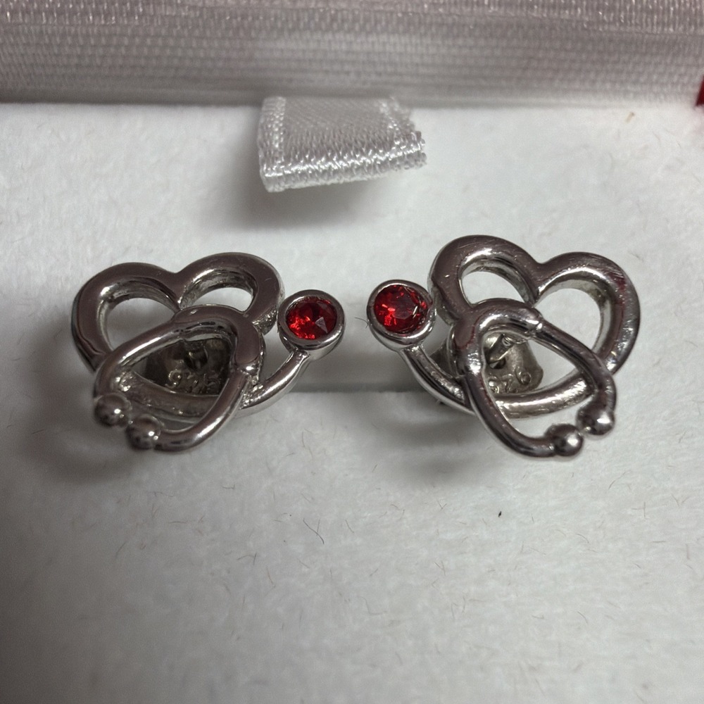 Crystal Stethoscope Heart Stud Earrings 925 Sterling Silver Garnet Red Nurse